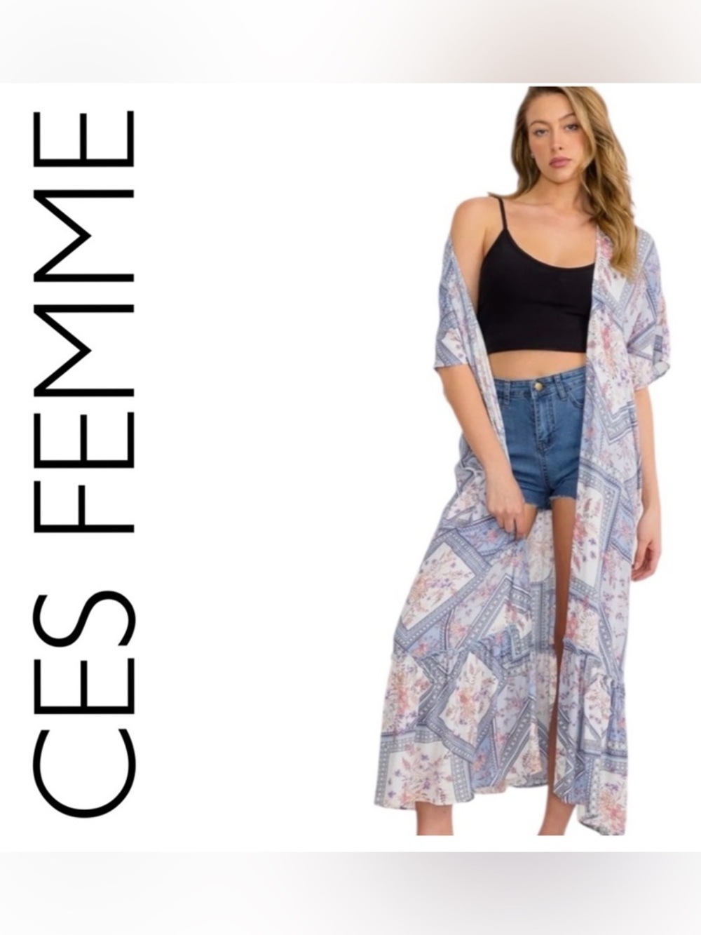 Ces Femme Printed Boho Kimono Duster in Blue and Cream